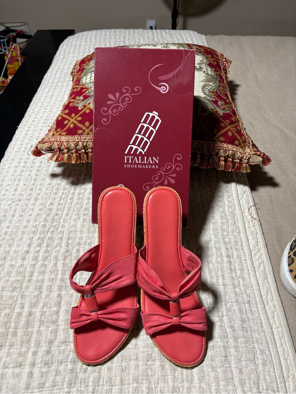Italian Shoemakers Coral-Red Bow Slip-On Mules